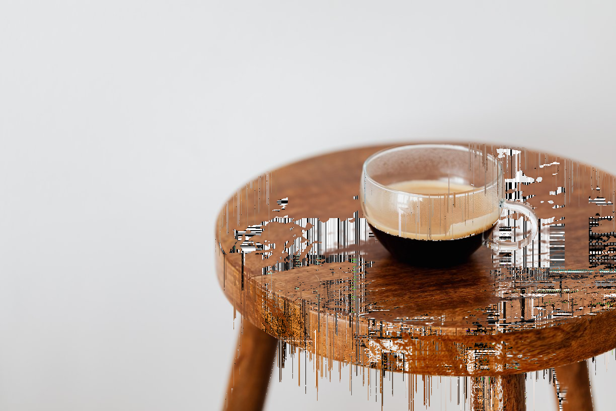 Glitch applied to brighter areas of the coffee photograph, leaving the dark coffee intact