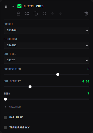 The actual Glitch Cuts effect card and its parameter controls